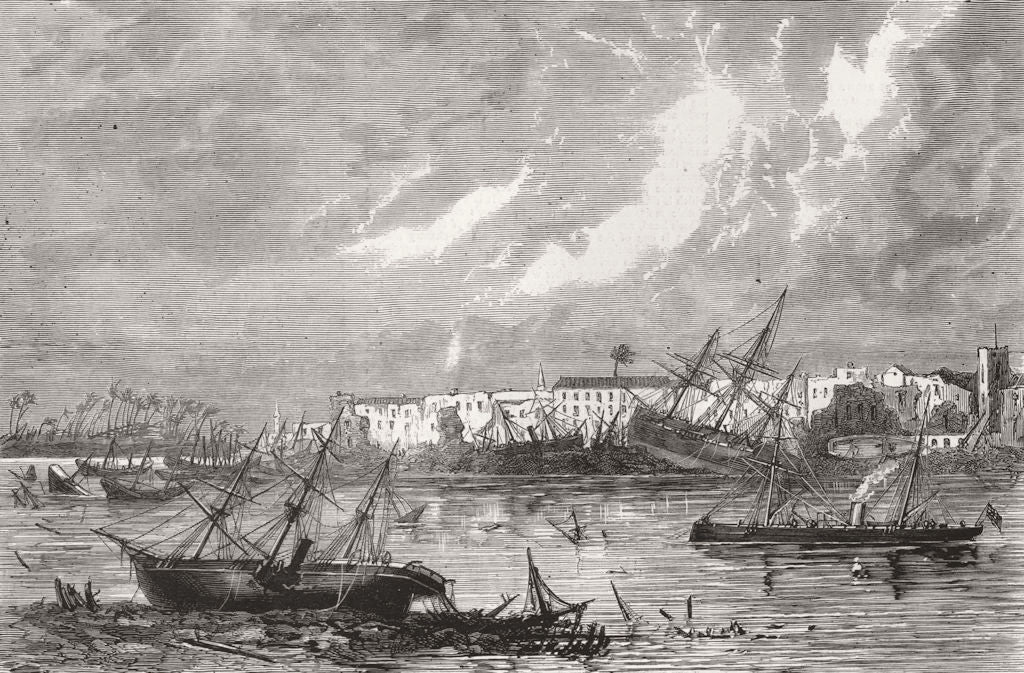 ZANZIBAR. Harbour & , morning post Hurricane 1872 old antique print picture